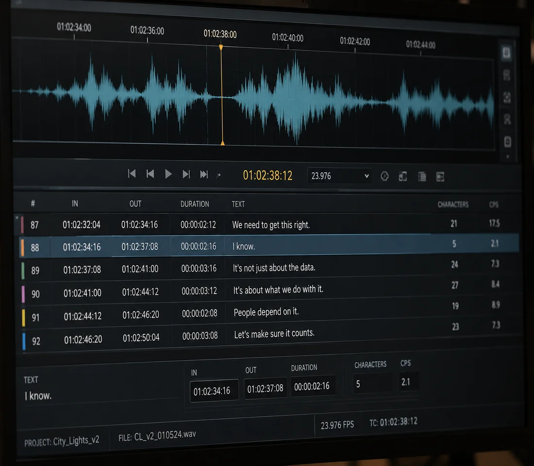 Film dialogue spotting list with SMPTE timecodes on a subtitle editing screen