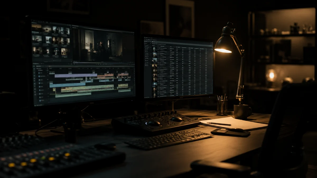 Dark, cinematic post-production editing workstation with dual monitors displaying a film timeline and continuity documentation