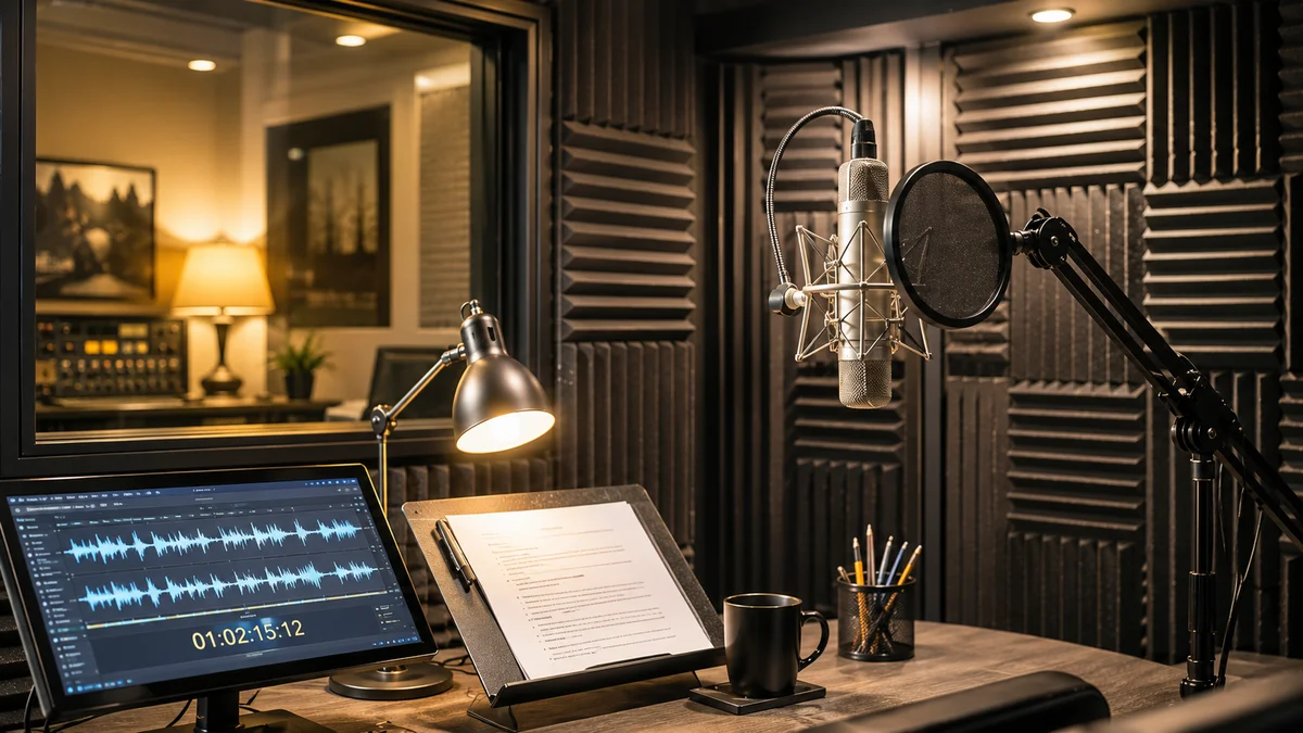 Dark, cinematic audio narration recording booth with microphone and acoustic foam panels